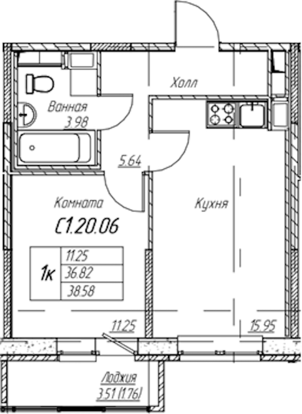 1-комнатная квартира 38.58 м², 20/22 эт., ЖК «Парк-квартал Юнтолово»